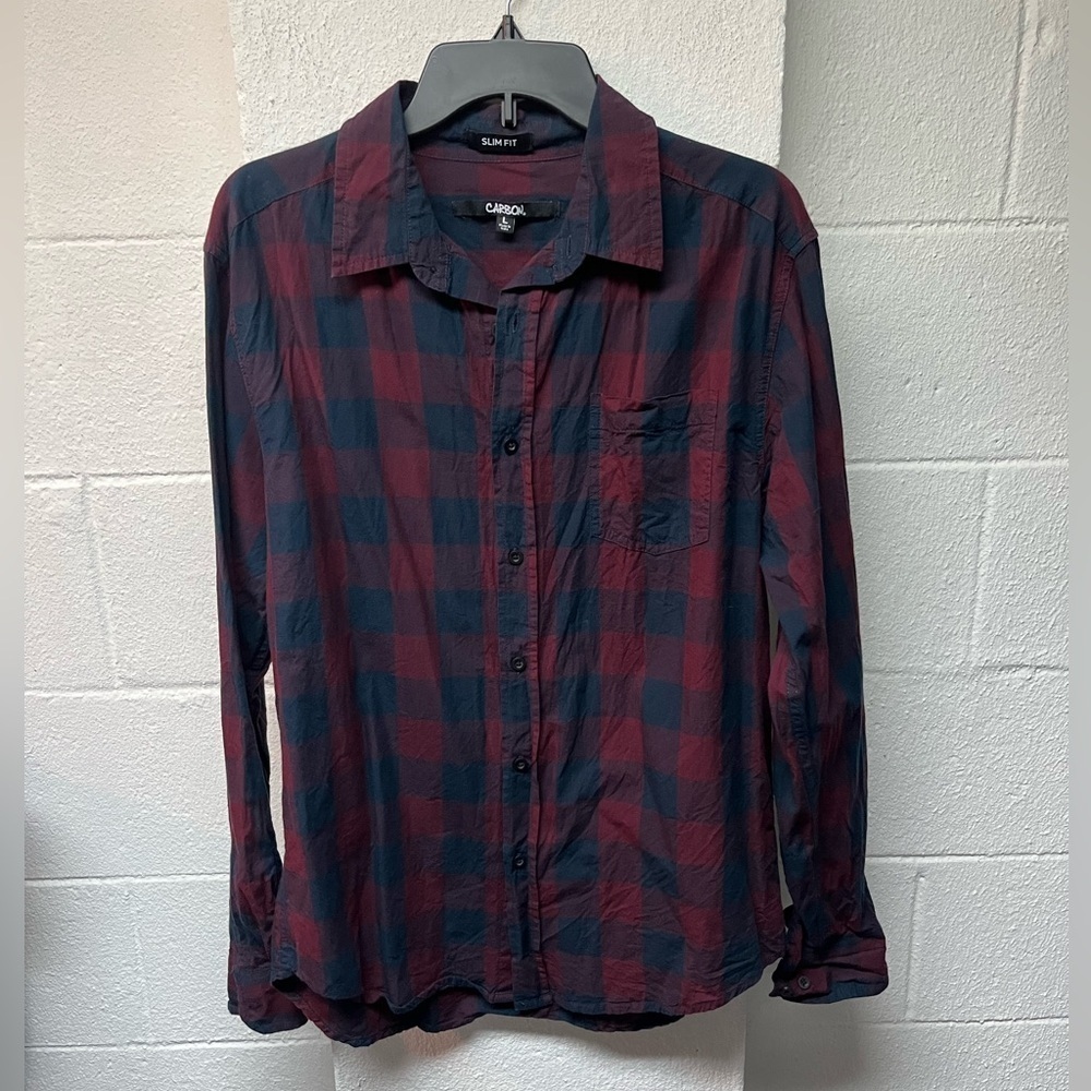 Carbon Men's Maroon and Blue Plaid Shirt